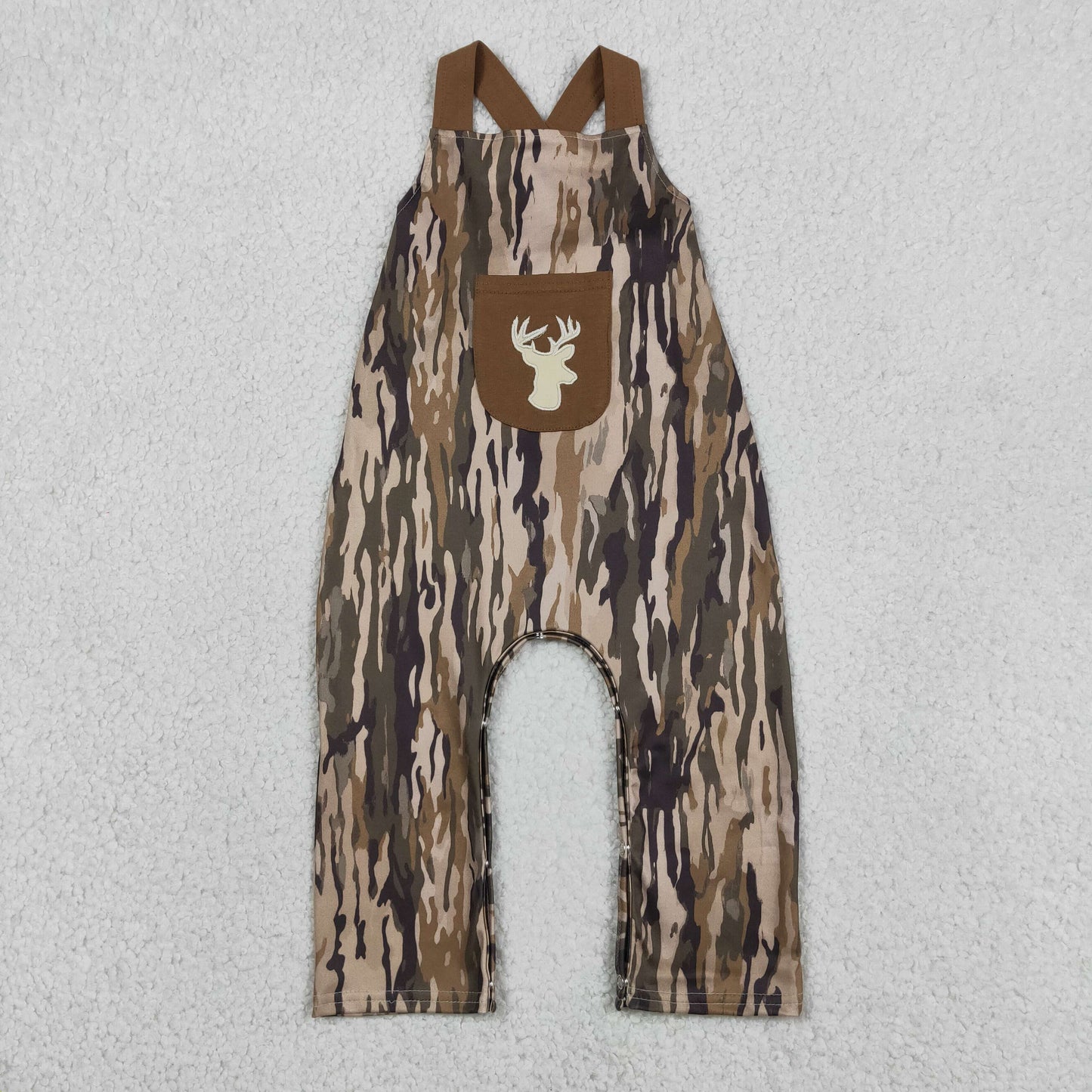 SR4048 RTS NO MOQ （In stock）Brown straps deer embroidery pocket camo baby boy jumpsuit