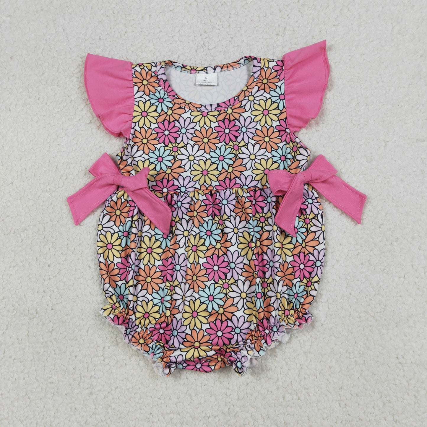 4.8 SR4049 RTS NO MOQ （In stock) Flutter sleeves floral bow baby girls summer romper