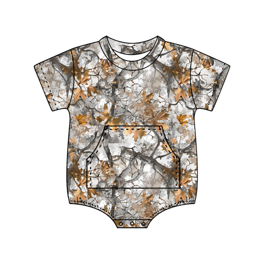 2.7 SR4058 Pre Order No moq Baby Boys Short Sleeve Southern Leaves Camo Pockets Rompers