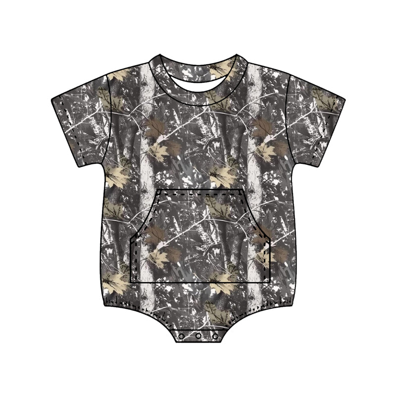 2.7 SR4059 Pre Order No moq Baby Boys Short Sleeve Southern Leaves Camo Pockets Rompers