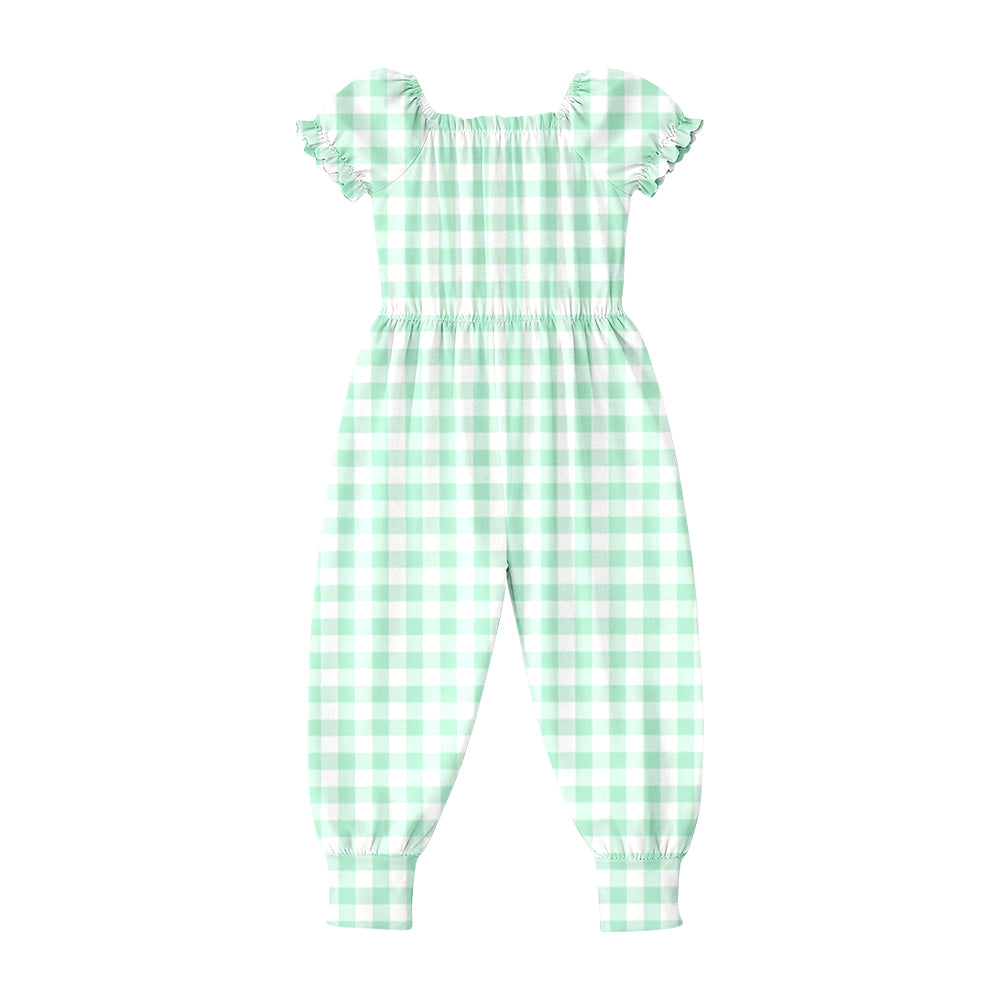 2.26 SR4064 Pre order No Moq Cute Casual Clothing For Girls Baby Girls Short Sleeve Green Checked Ruffle Pant Jumpsuits