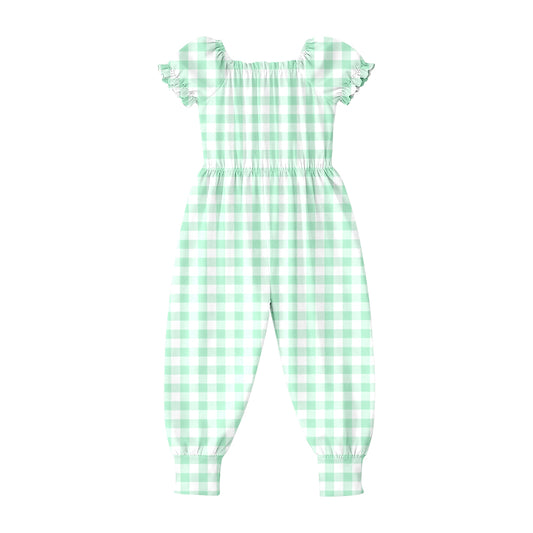 2.26 SR4064 Pre order No Moq Cute Casual Clothing For Girls Baby Girls Short Sleeve Green Checked Ruffle Pant Jumpsuits