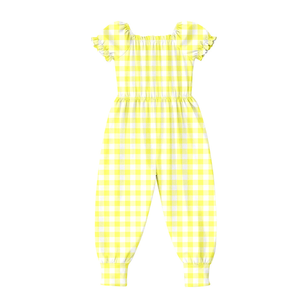 2.26 SR4064 Pre order No Moq Cute Casual Clothing For Girls Baby Girls Short Sleeve Yellow Checked Ruffle Pant Jumpsuits