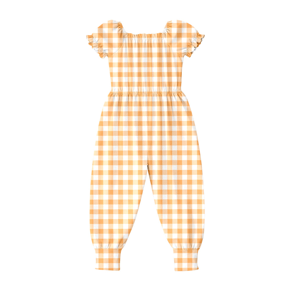 2.26 SR4064 Pre order No Moq Cute Casual Clothing For Girls Baby Girls Short Sleeve Orange Checked Ruffle Pant Jumpsuits