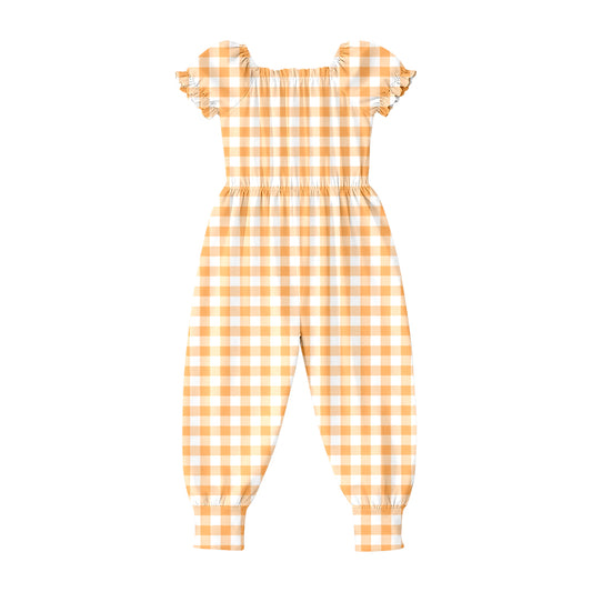 2.26 SR4064 Pre order No Moq Cute Casual Clothing For Girls Baby Girls Short Sleeve Orange Checked Ruffle Pant Jumpsuits