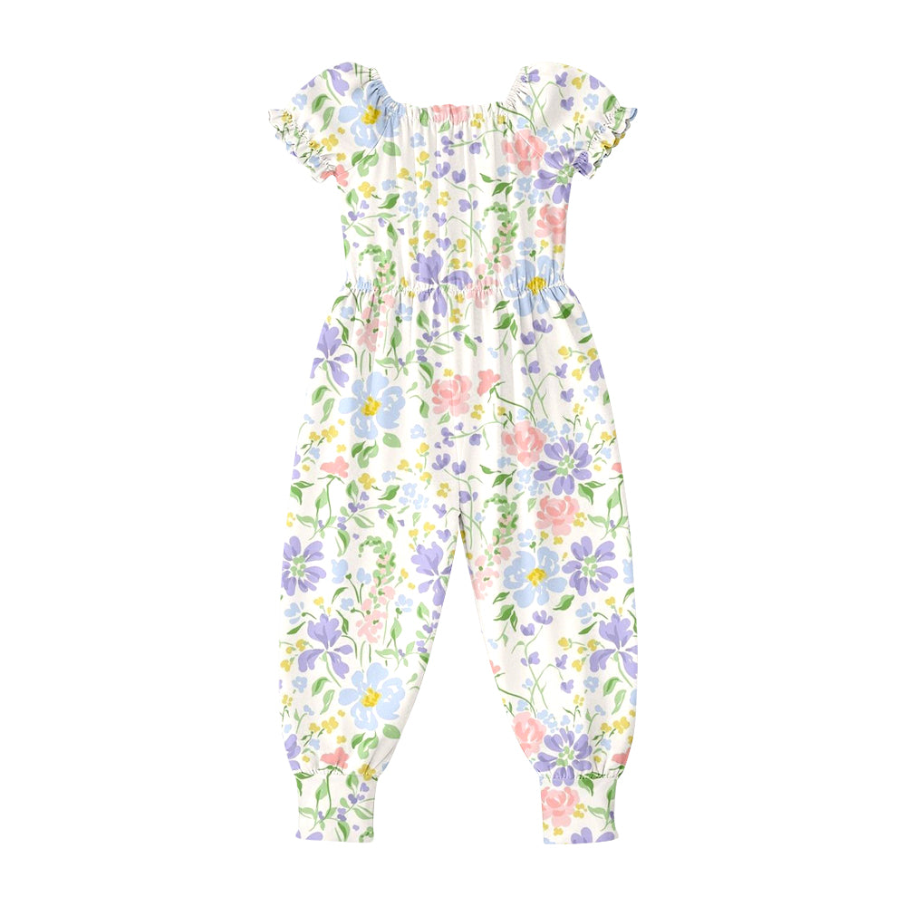 2.26 SR4070 Pre order No Moq Cute Casual Clothing For Girls Baby Girls Summer Short Sleeve Colorful Flowers Ruffle Pant Jumpsuits