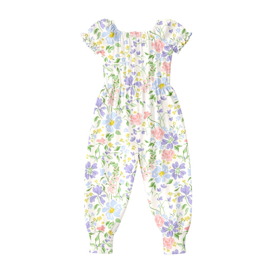 2.26 SR4070 Pre order No Moq Cute Casual Clothing For Girls Baby Girls Summer Short Sleeve Colorful Flowers Ruffle Pant Jumpsuits