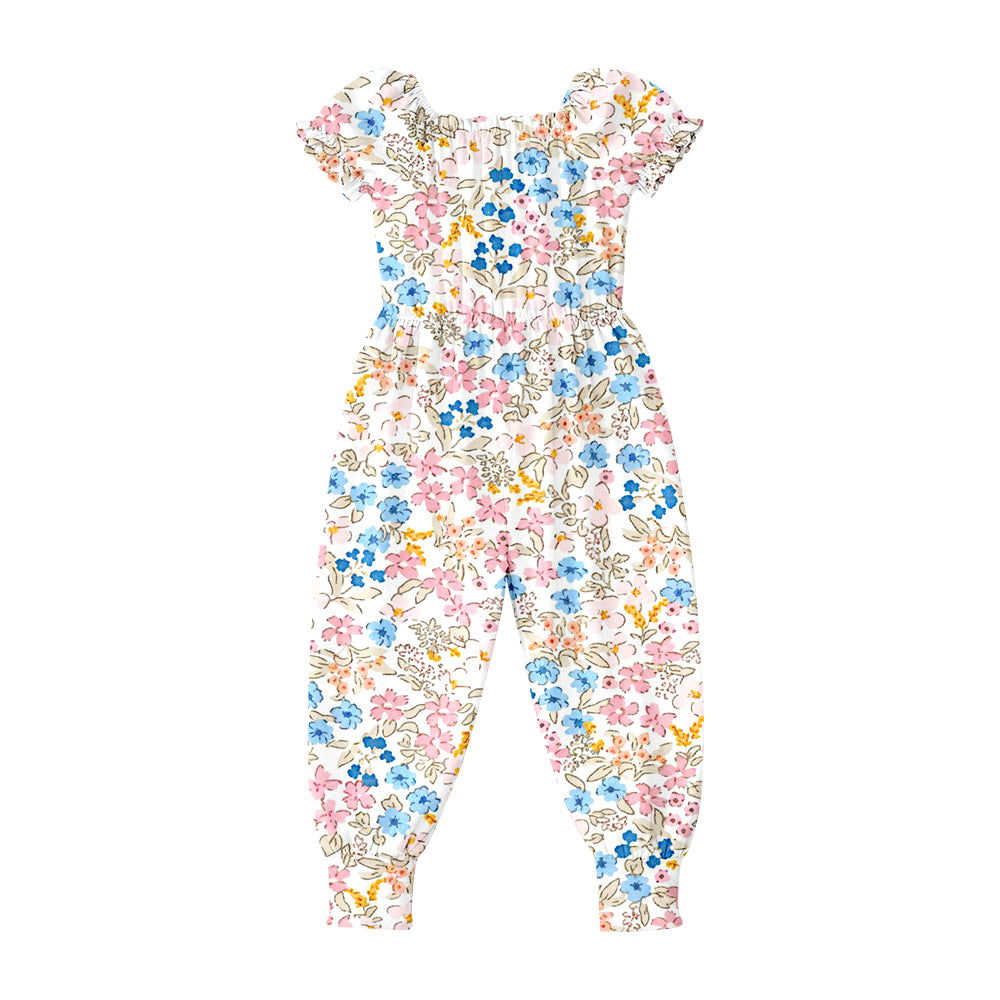 2.26 SR4071 Pre order No Moq Cute Casual Clothing For Girls Baby Girls Summer Short Sleeve Colorful Flowers Ruffle Pant Jumpsuits
