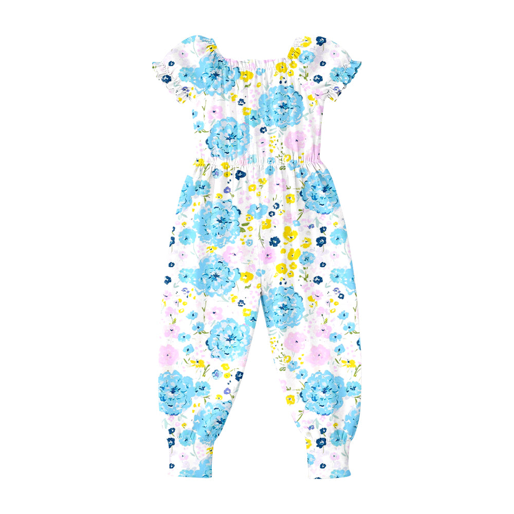 2.26 SR4072 Pre order No Moq Cute Casual Clothing For Girls Baby Girls Summer Short Sleeve Colorful Flowers Ruffle Pant Jumpsuits