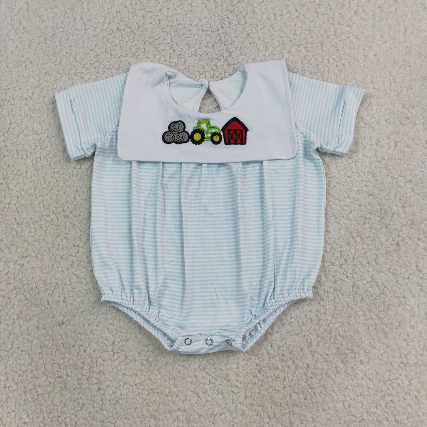 RTS NO MOQ （In stock）milk silk SR4075 Embroidery Baby Boys Farm Stripe Truck House Short Sleeve Rompers