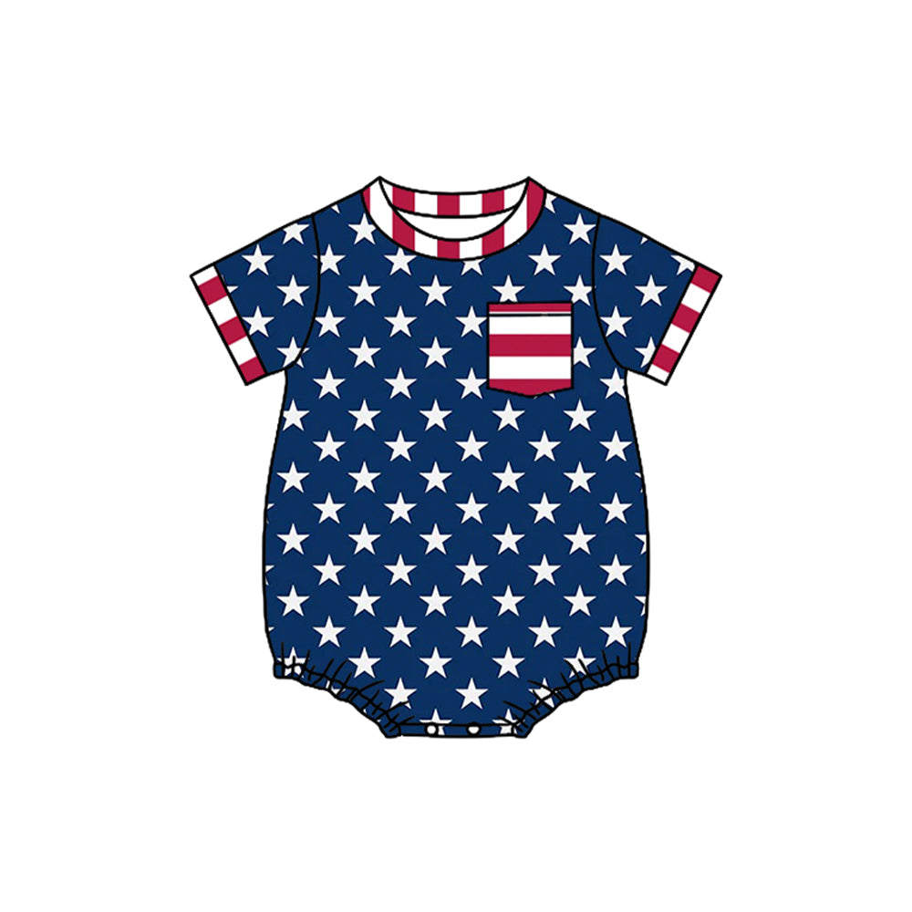 2.28 SR4078 Pre Order No moq Baby Boys Summer Short Sleeve Stars Pocket 4th of July Rompers