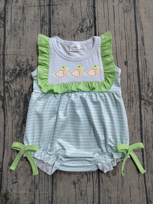3.23 SR4082 Sample No Moq Baby Girls Sleeveless Green Ducks Stripe Ruffle Rompers