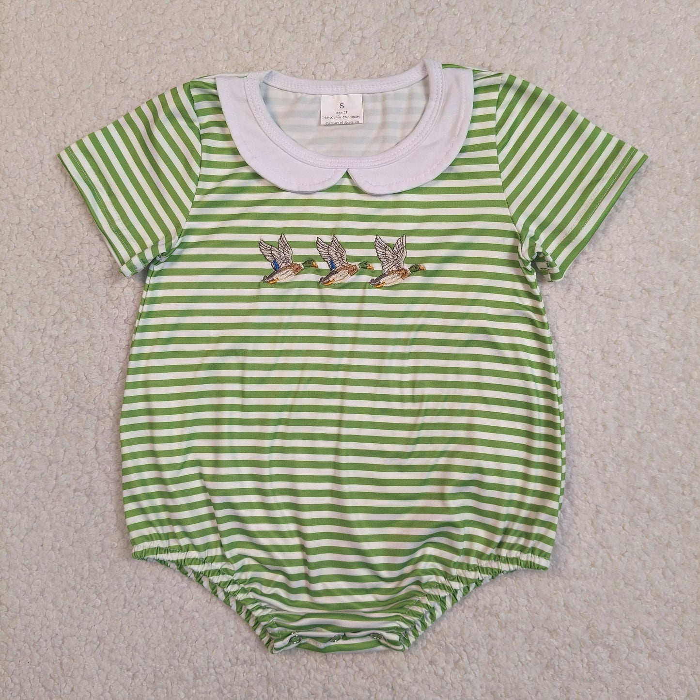 SR4083 RTS NO MOQ （In stock）Green stripe duck embroidery baby boy summer romper