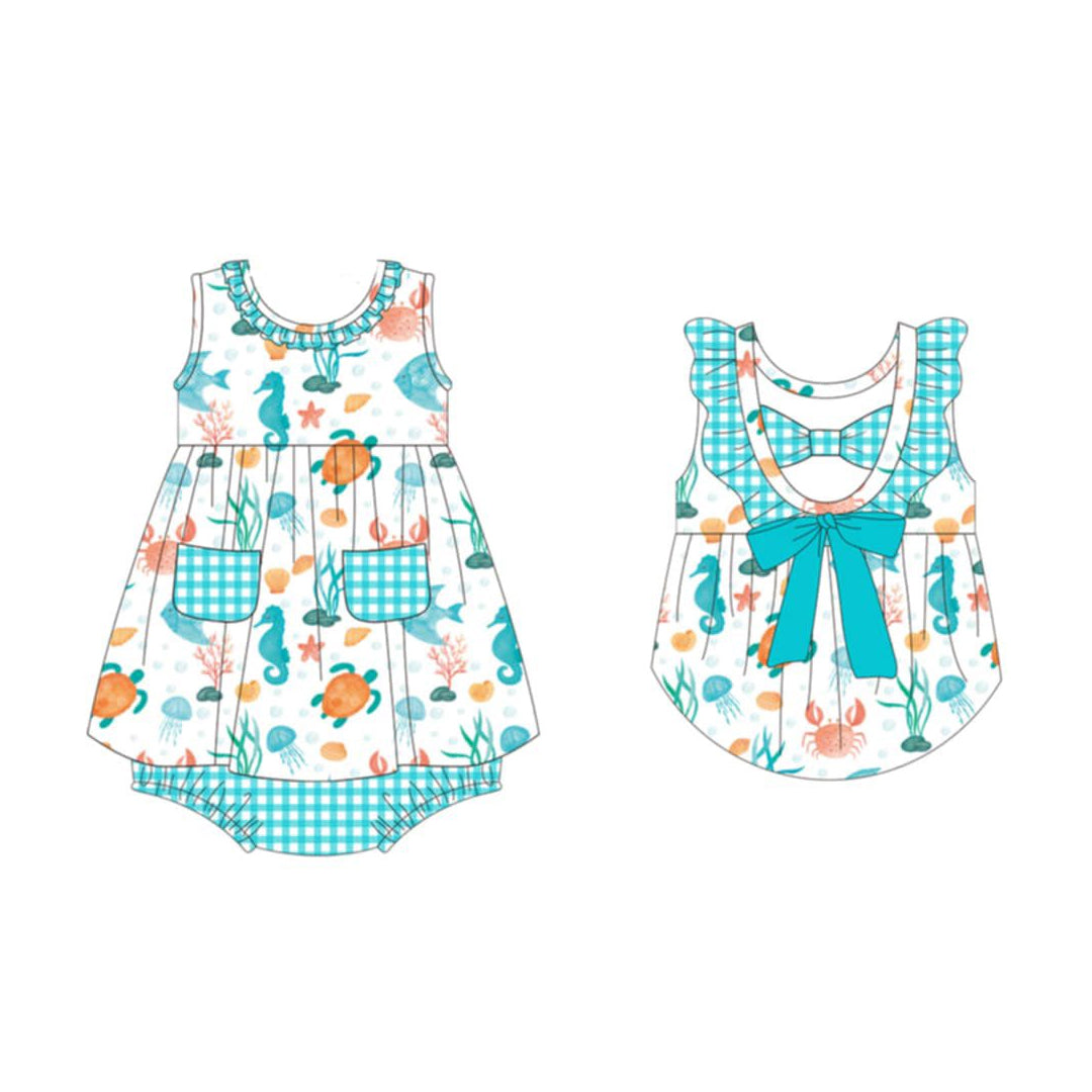 3.6 SR4098 Pre Order No moq Baby Girls Summer  Sleeveless Tortoise Fishes Pockets Tunic Bummies Rompers