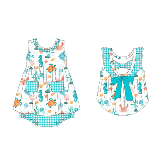 3.6 SR4098 Pre Order No moq Baby Girls Summer  Sleeveless Tortoise Fishes Pockets Tunic Bummies Rompers