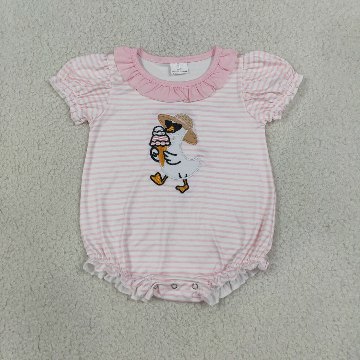 RTS NO MOQ （In stock）milk silk SR4101 Embroidery Ice Cream Gooses Baby Girls Pink Stripe Ruffle Rompers