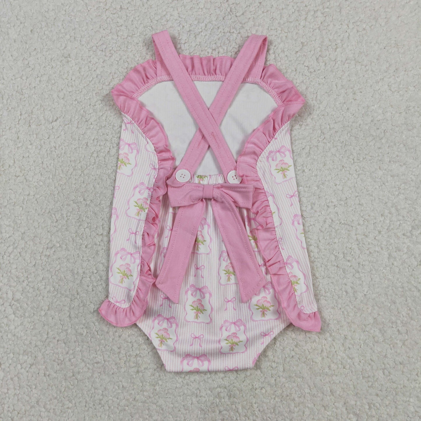 SR4112 RTS NO MOQ （In stock）Pink straps stripe bow floral baby girls summer romper