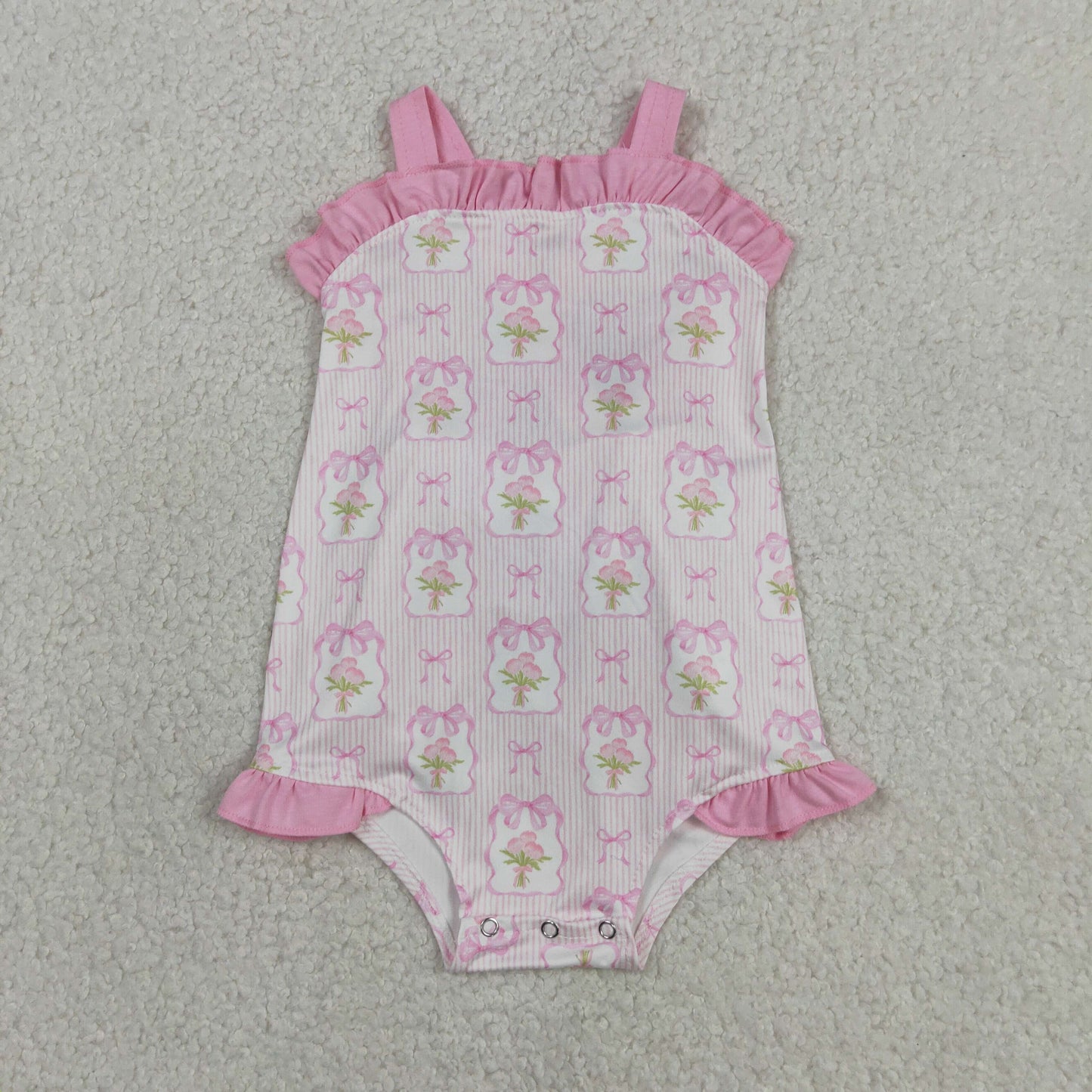 SR4112 RTS NO MOQ （In stock）Pink straps stripe bow floral baby girls summer romper