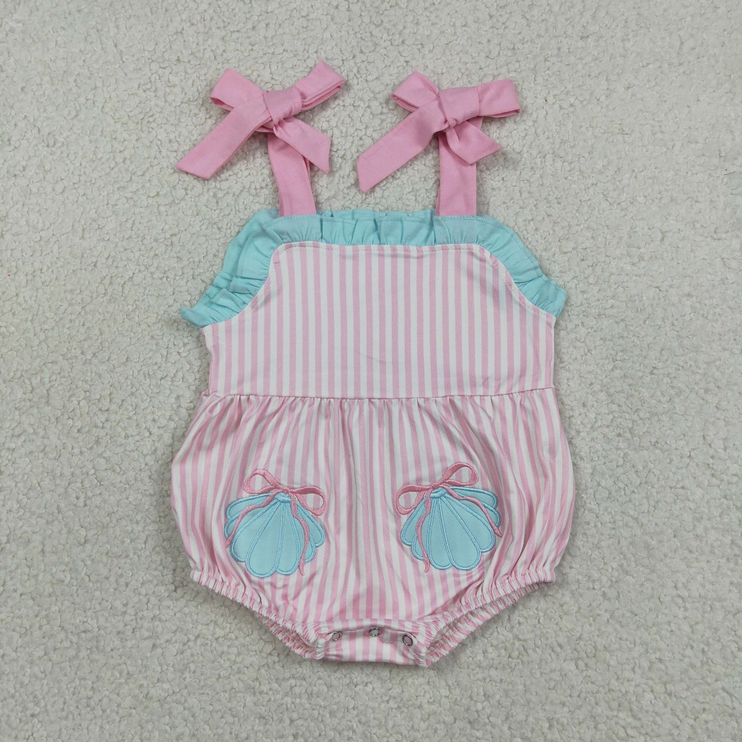 SR4127 RTS NO MOQ （In stock）Embroidery Shell Pockets Baby Girls Strap Pink Stripe Ruffle Rompers