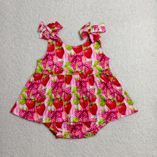 SR4134 RTS NO MOQ （In stock）Baby Girls Strap Bows Strawberry Tunic Ruffle Rompers