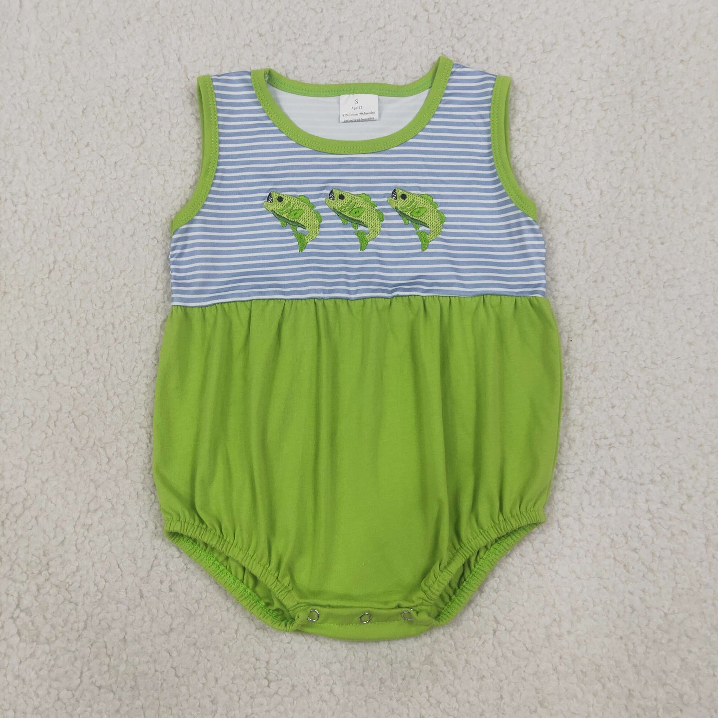 SR4139 RTS NO MOQ （In stock）Embroidery Fishes Baby Boys Sleeveless Fishing Hunting Stripe Rompers