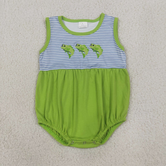 SR4139 RTS NO MOQ （In stock）Embroidery Fishes Baby Boys Sleeveless Fishing Hunting Stripe Rompers