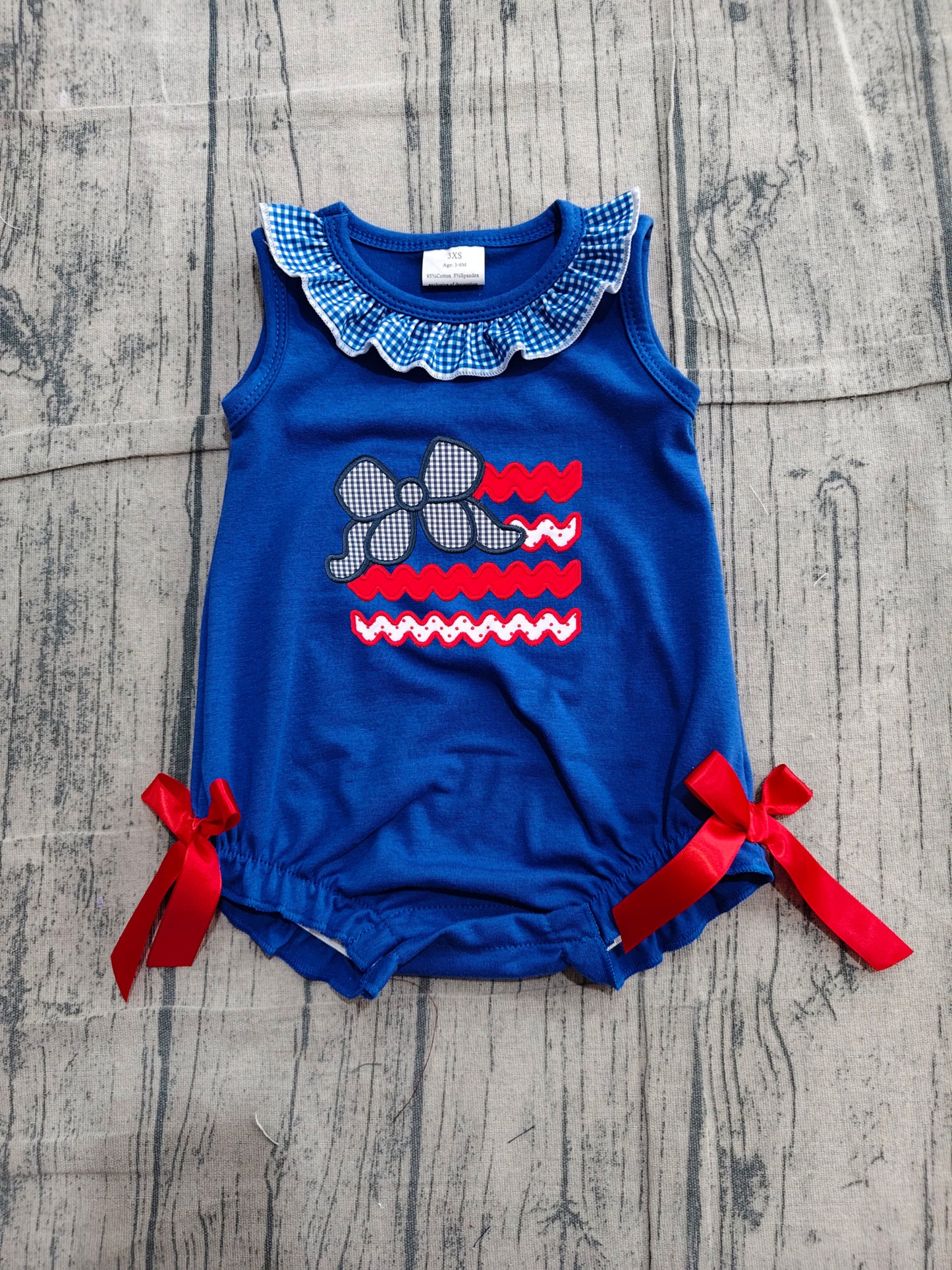4.25 SR4152 Sample No Moq Baby Girls Sleeveless Red Blue Bows Flags 4th of July Ruffle Romper