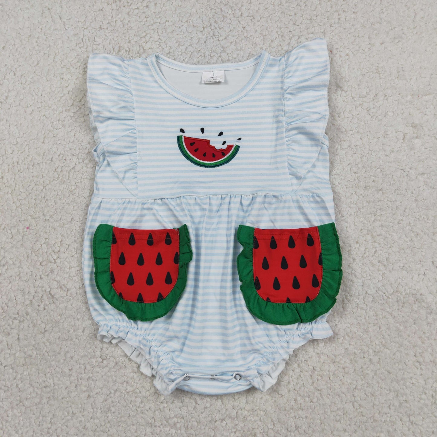 SR4153 RTS NO MOQ （In stock）Embroidery Watermelon Baby Girls Flutter Sleeve Blue Stripe Pockets Ruffle Romper