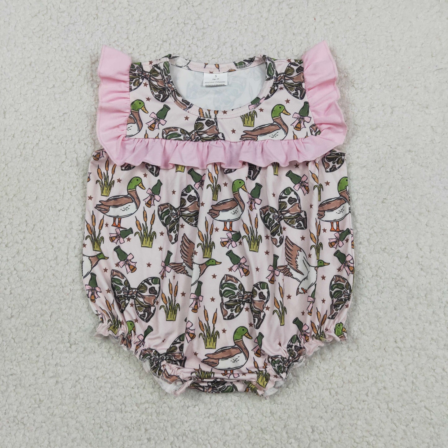SR4160 RTS NO MOQ （In stock）Pink ruffle duck camo bow baby girls summer romper