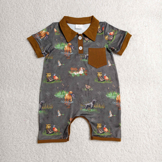 SR4162 RTS NO MOQ （In stock）Baby Boys Short Sleeve Ducks Dogs Button Pocket Hunting Romper