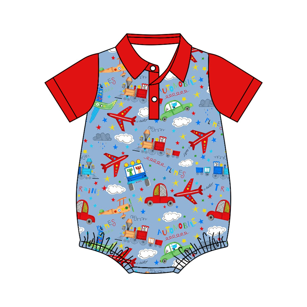 4.11 Pre Order No moq Baby Boys Short Sleeve Planes Trains Button Romper