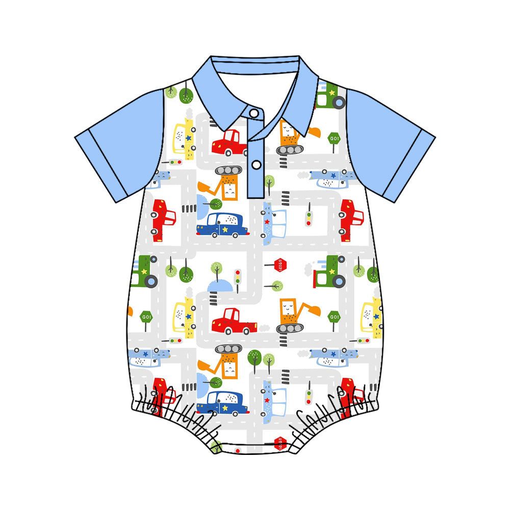 4.11 Pre Order No moq Baby Boys Short Sleeve Planes Trains Button Romper