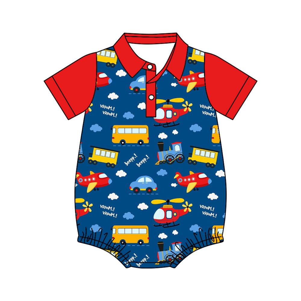 4.11 Pre Order No moq Baby Boys Short Sleeve Planes Trains Button Romper