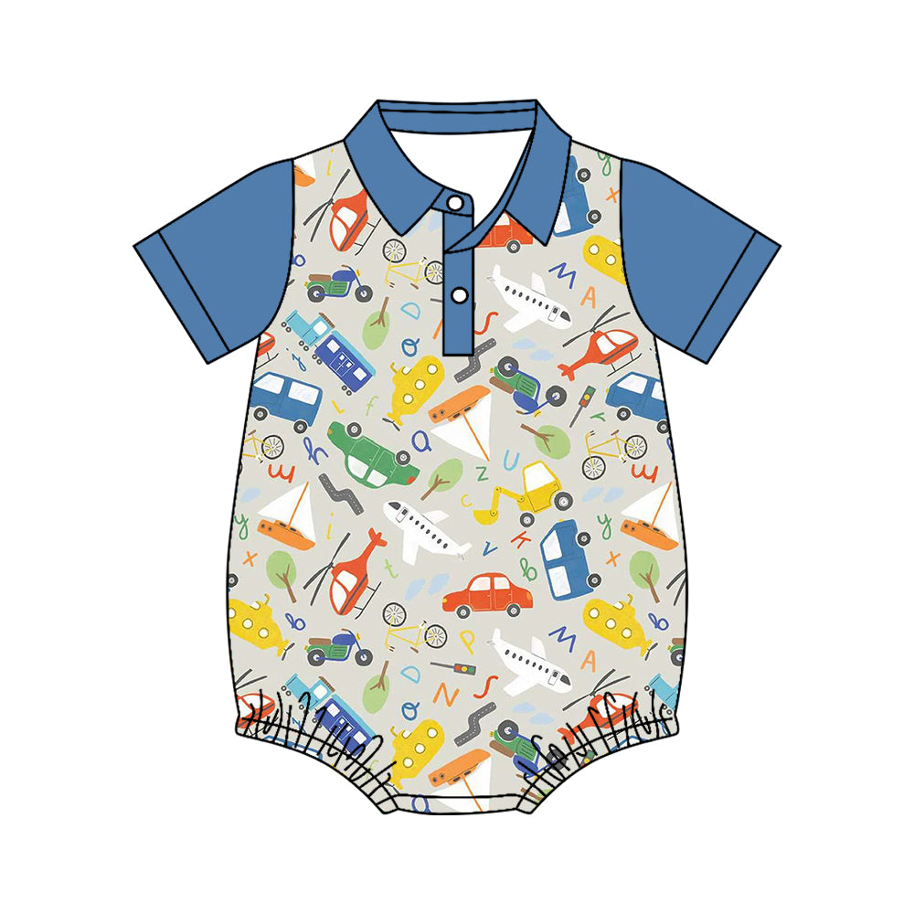 4.11 Pre Order No moq Baby Boys Short Sleeve Planes Trains Button Romper