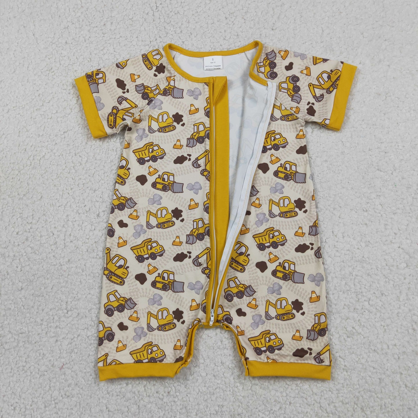 SR4183 RTS NO MOQ （In stock）Baby Boys Short Sleeve Excavators Tractors Zipper Short Romper