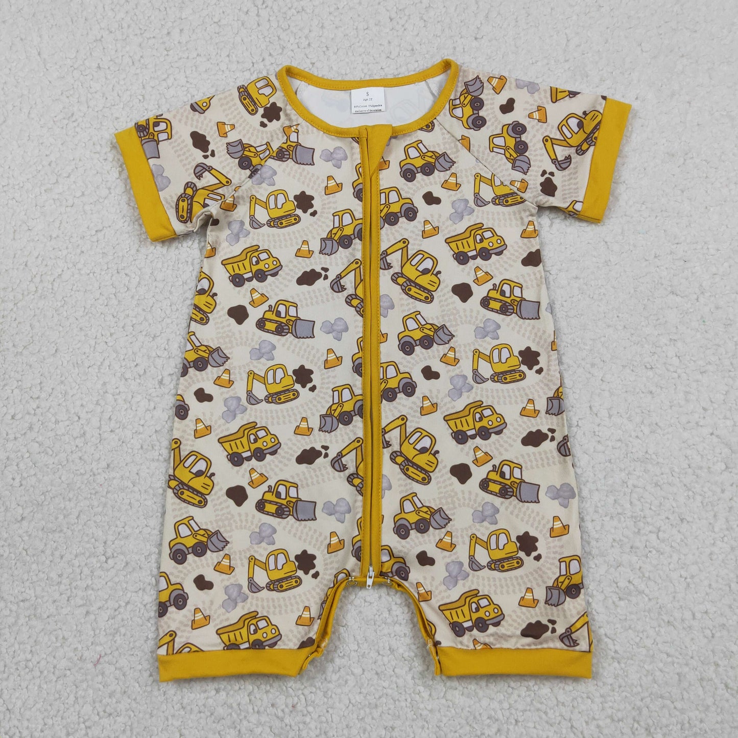 SR4183 RTS NO MOQ （In stock）Baby Boys Short Sleeve Excavators Tractors Zipper Short Romper