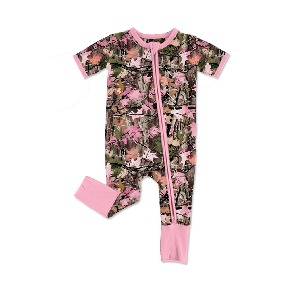 4.21 Pre order No Moq Baby Girls Short Sleeve Pink Leaves Camo Top Ruffle Pant Pajamas Sets dress and romper
