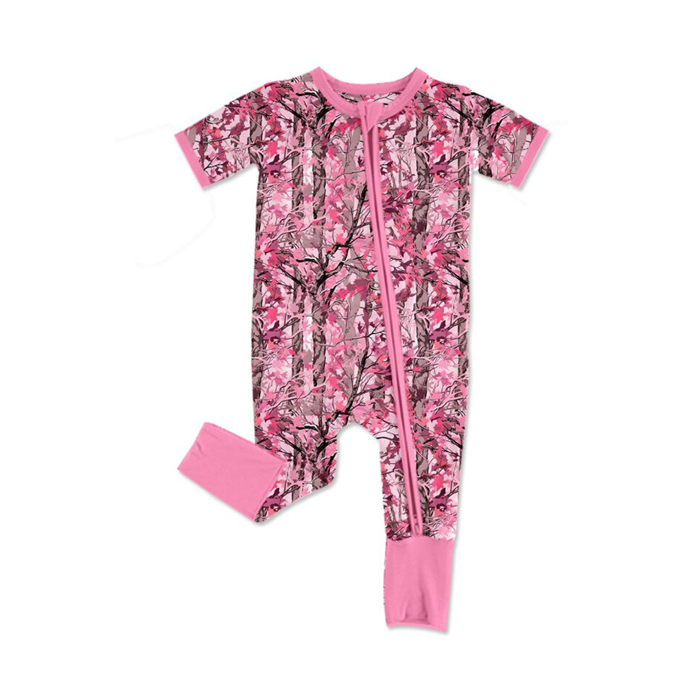 4.21 Pre order No Moq Baby Girls Short Sleeve Pink Leaves Camo Top Ruffle Pant Pajamas Sets dress and romper