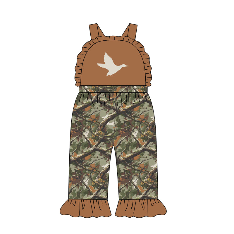 4.21 Pre order No Moq Baby Girls Strap Duck Leaves Camo Ruffle Pant Hunting Jumpsuits