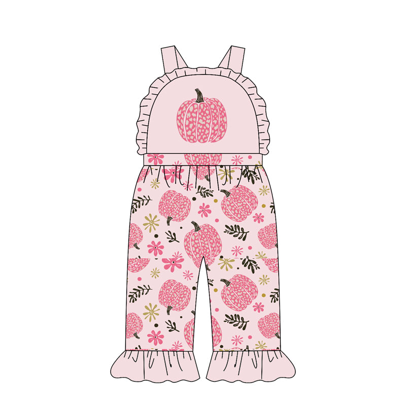 4.21 Pre order No Moq Baby Girls Strap Flowers Pumpkins Fall Ruffle Pant Hunting Jumpsuits