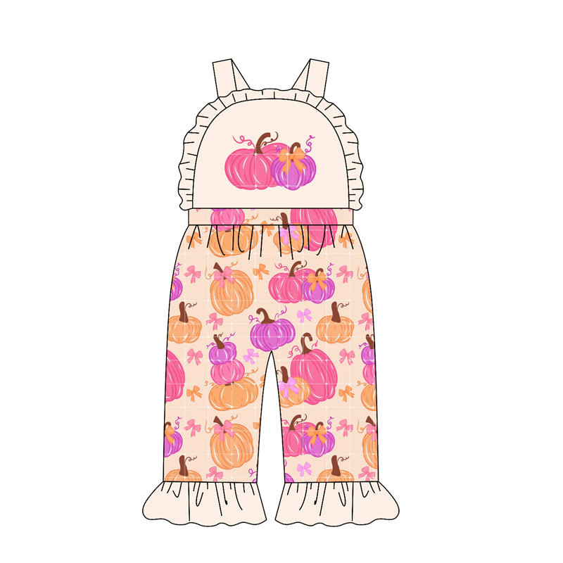 4.21 Pre order No Moq Baby Girls Strap Flowers Pumpkins Fall Ruffle Pant Hunting Jumpsuits