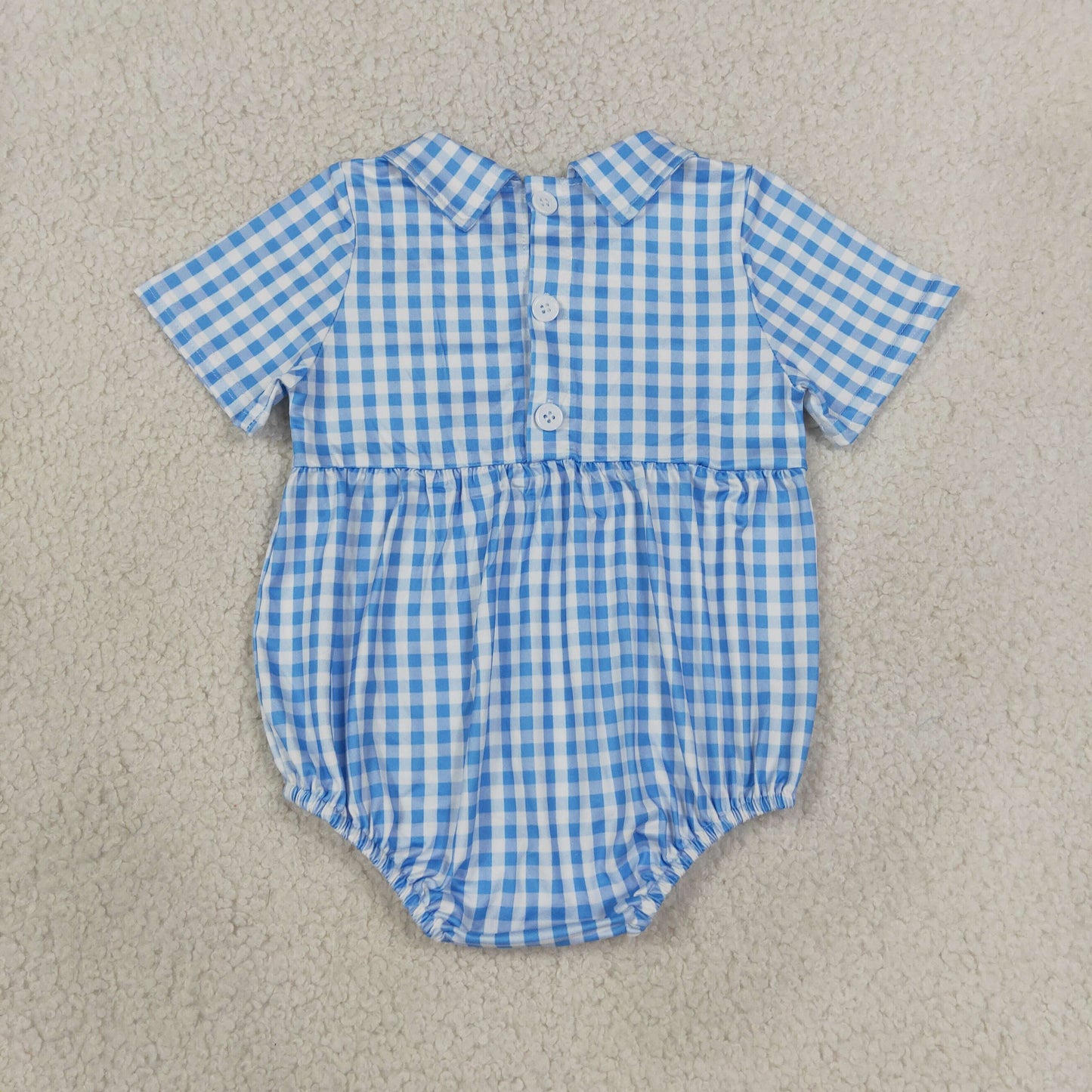 SR4231 RTS NO MOQ （In stock）milk silk Smocked Baby Blue Check Short Sleeve Casual Rompers
