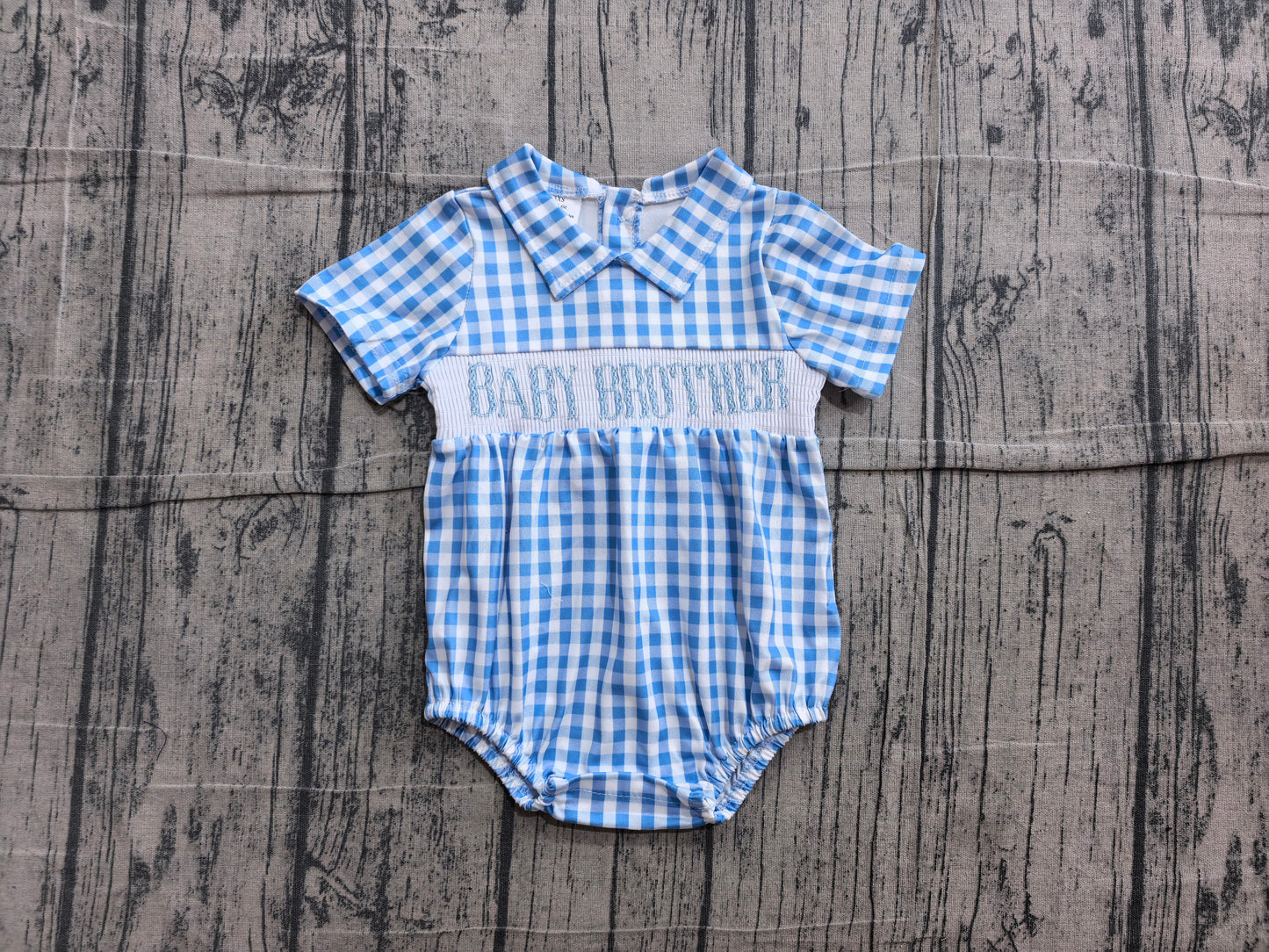 6.10 SR4231 Sample No Moq Smocked Baby Brother Short Sleeve Blue Checked Rompers