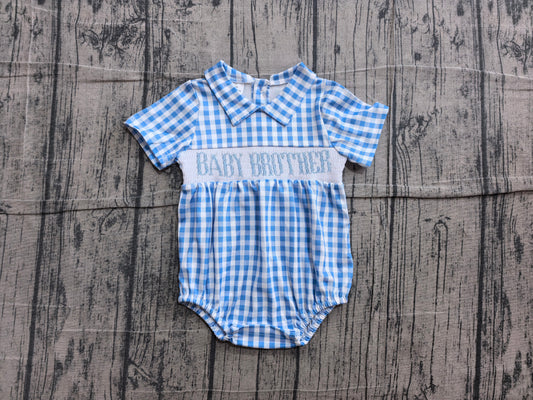 6.10 SR4231 Sample No Moq Smocked Baby Brother Short Sleeve Blue Checked Rompers