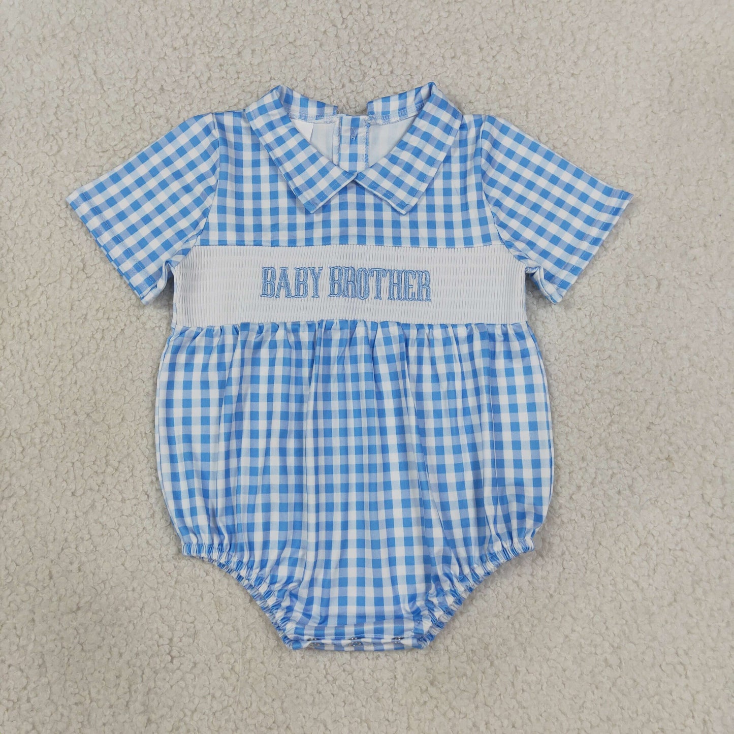 SR4231 RTS NO MOQ （In stock）milk silk Smocked Baby Blue Check Short Sleeve Casual Rompers