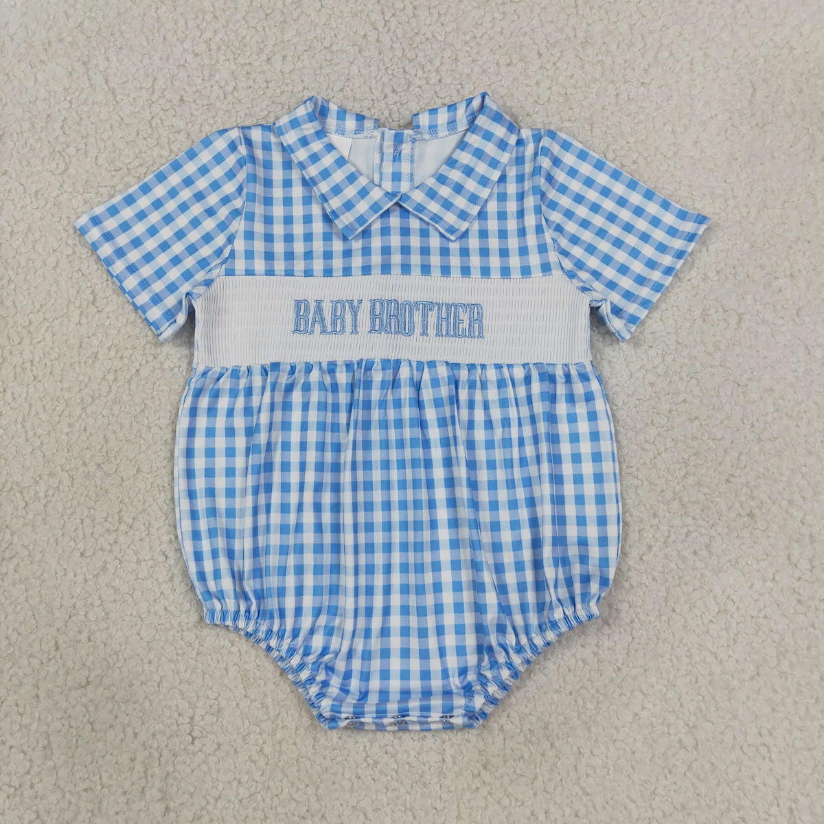 RTS NO MOQ Sibling milk silk Smocked Baby Boys And Girls Short Sleeve Checked Back Button Rompers