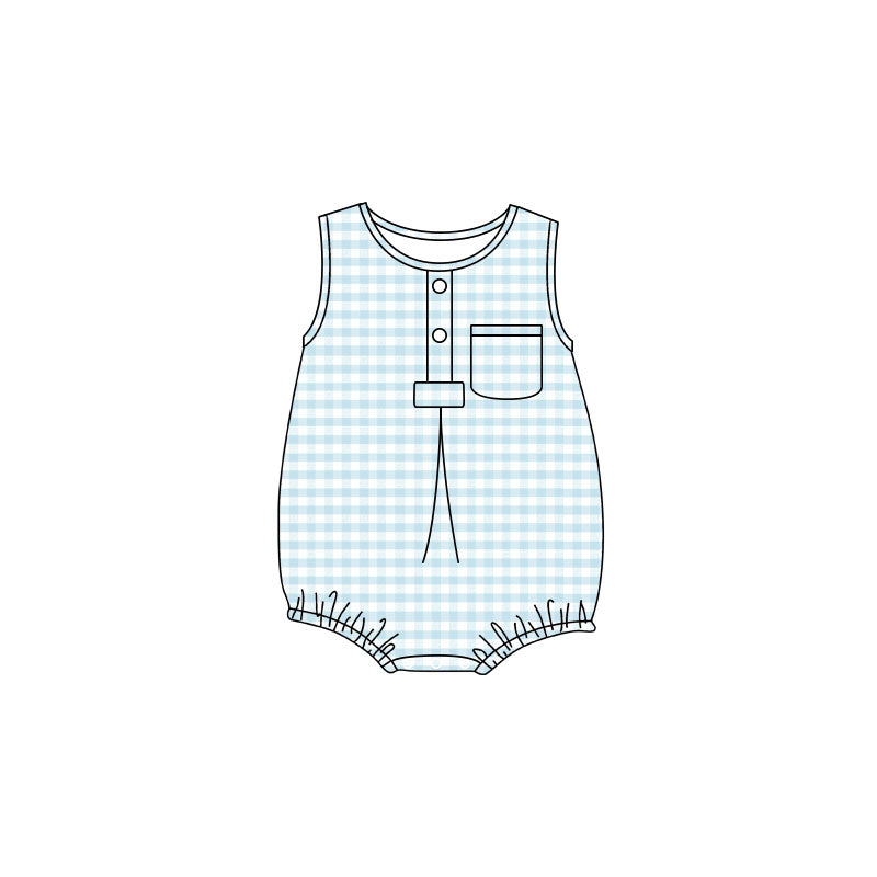 4.24 Pre Order No moq Baby Kids Sleeveless Light Blue Checked Button Pocket Rompers