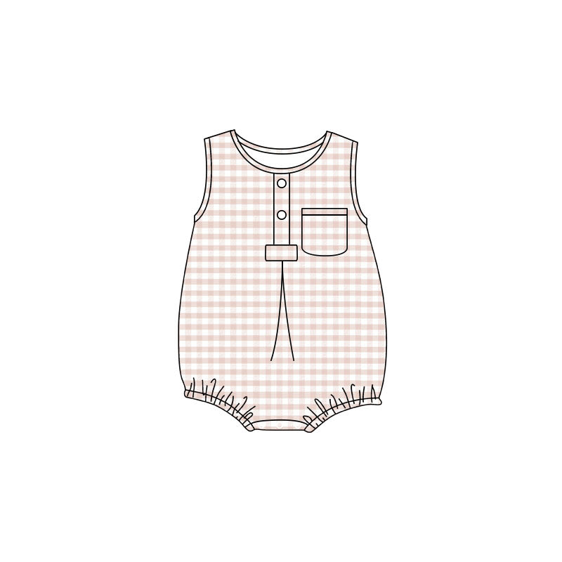 4.24 Pre Order No moq Baby Kids Sleeveless Light Blue Checked Button Pocket Rompers