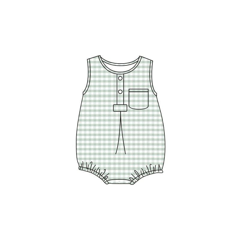 4.24 Pre Order No moq Baby Kids Sleeveless Light Blue Checked Button Pocket Rompers