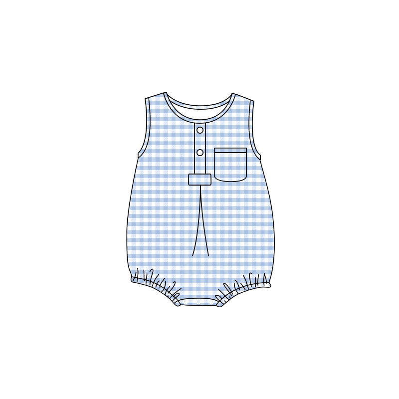 4.24 Pre Order No moq Baby Kids Sleeveless Light Blue Checked Button Pocket Rompers